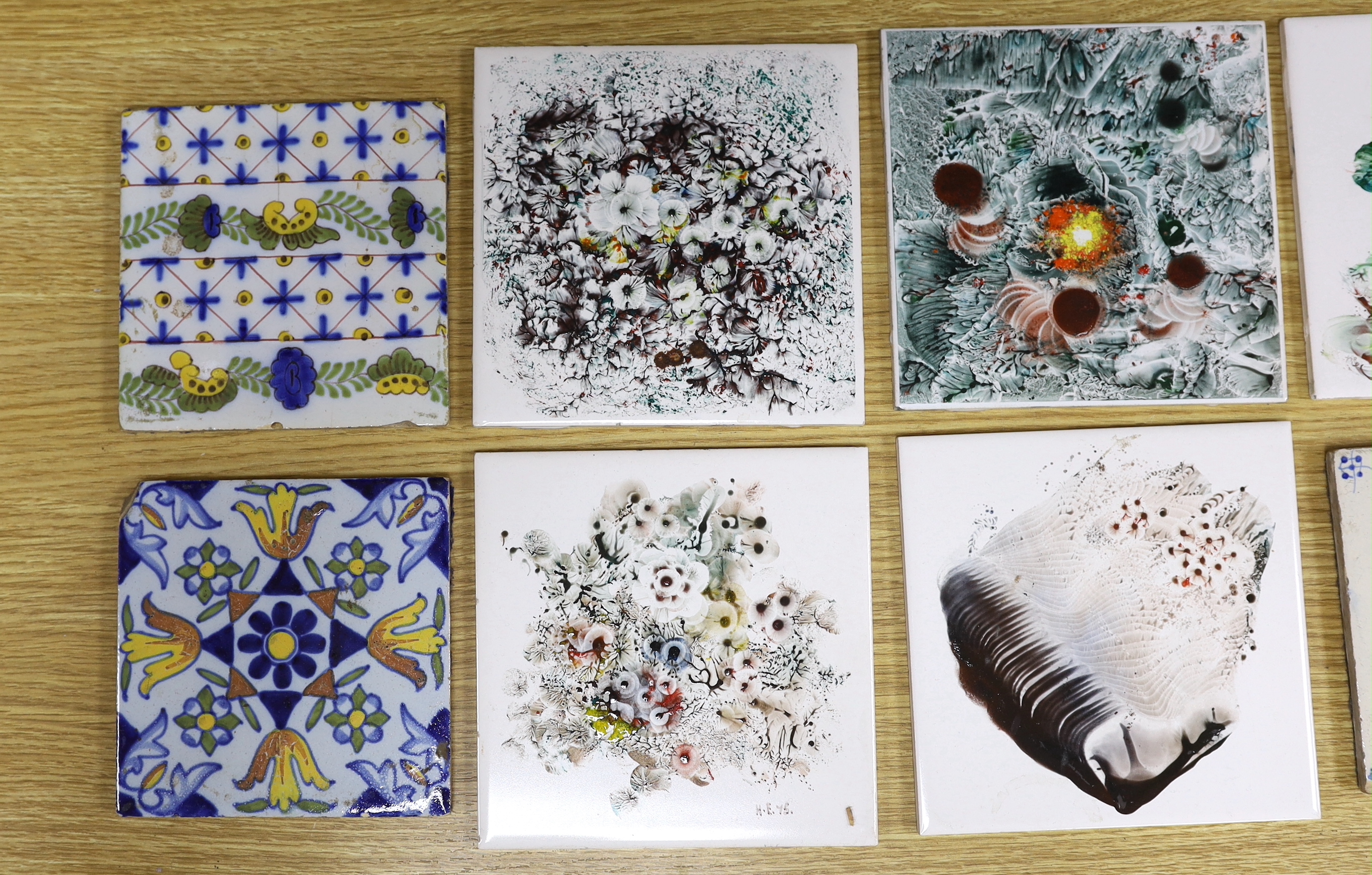 A group of tiles painted by Harold Elvin for H and R Johnson Ltd and earlier tin glazed tiles